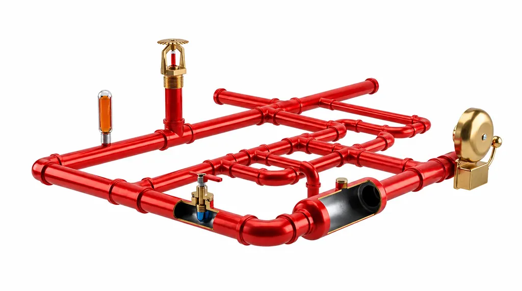 Industrial fire sprinkler heads and red piping network with water spray activation