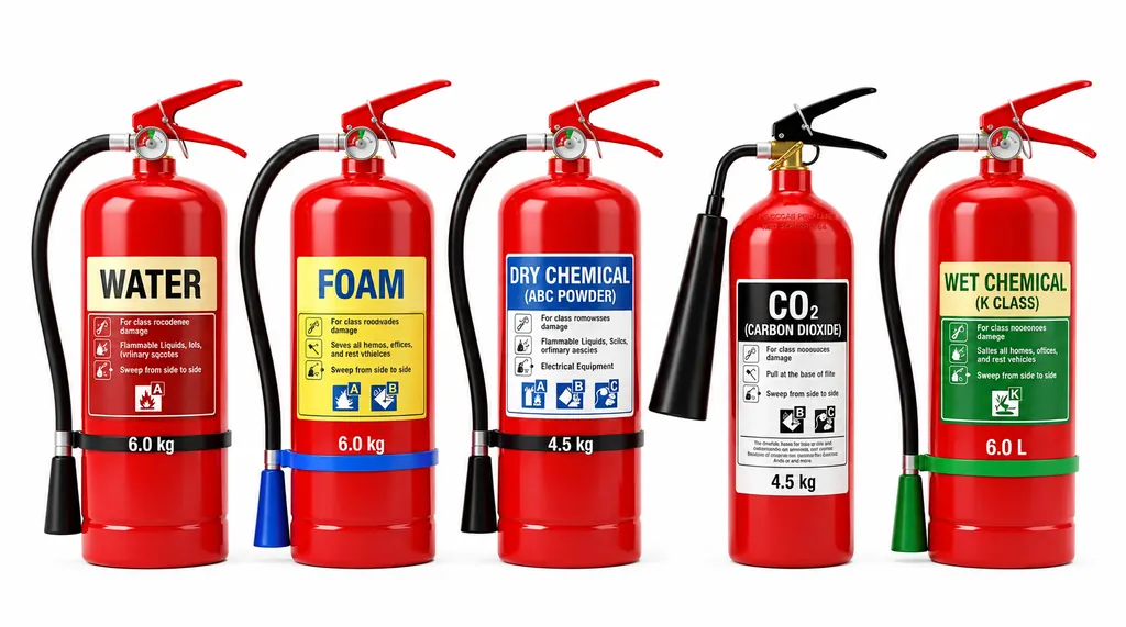 Assortment of red fire extinguishers in different weights and types
