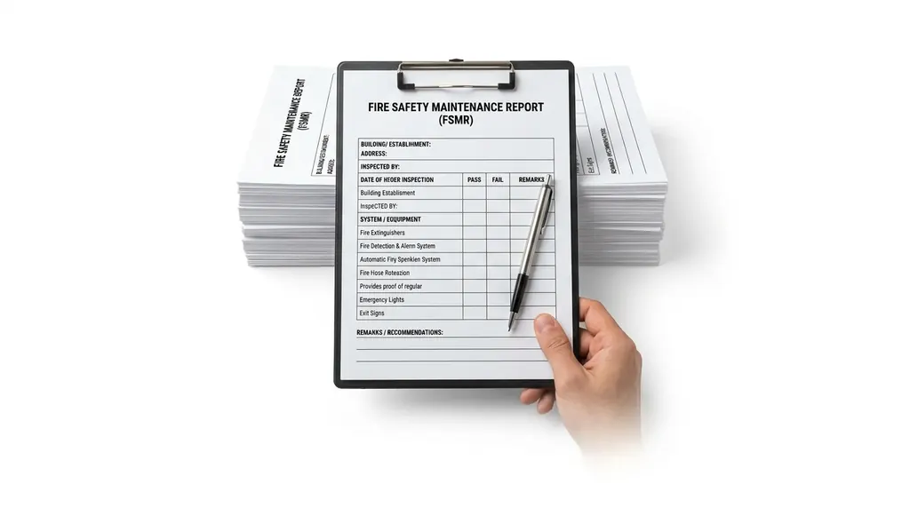 Clipboard with BFP inspection checklist and certified engineer review