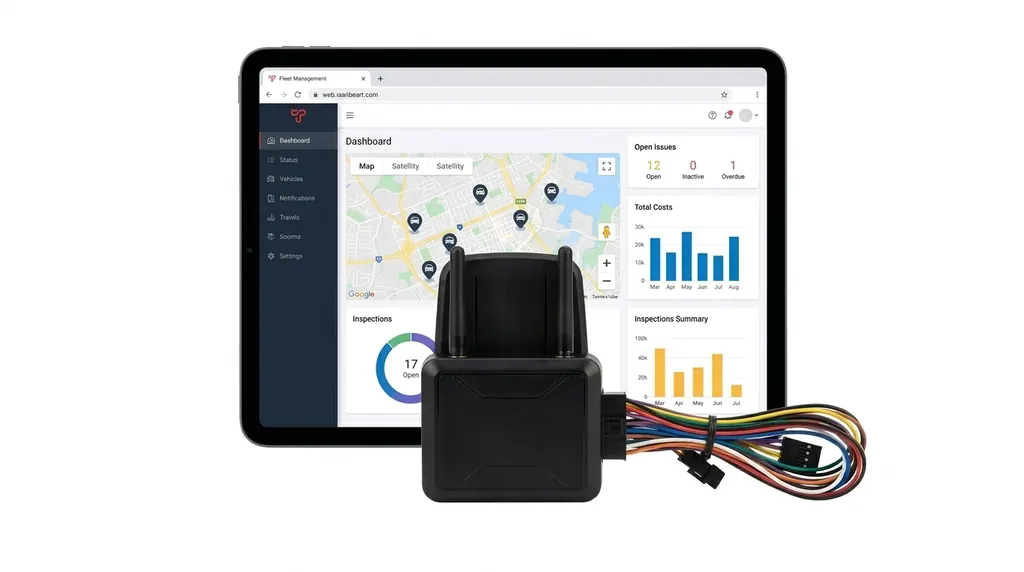 Vehicle fleet dashboard showing real-time GPS tracking route map