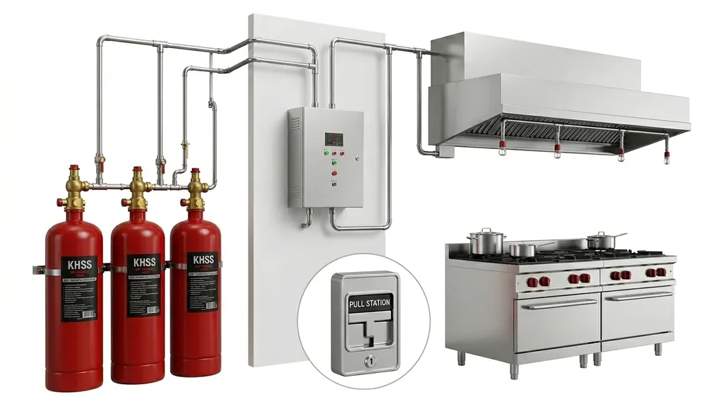 Commercial kitchen exhaust hood with stainless steel fire suppression nozzles