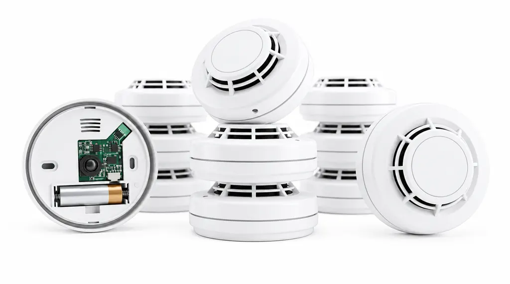 White circular ceiling smoke detector with red indicator light