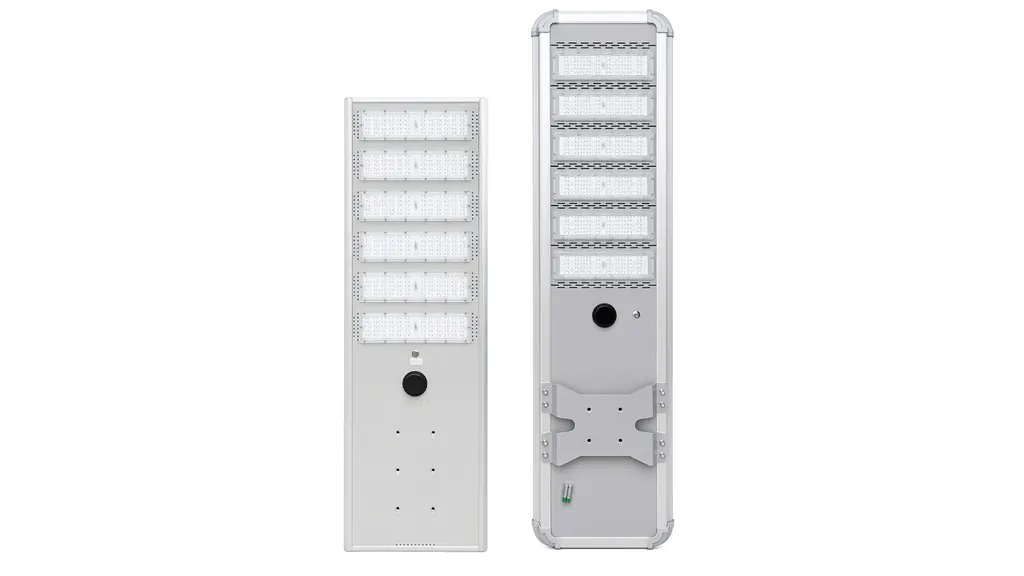 Heavy duty solar street lights installed along asphalt roadway